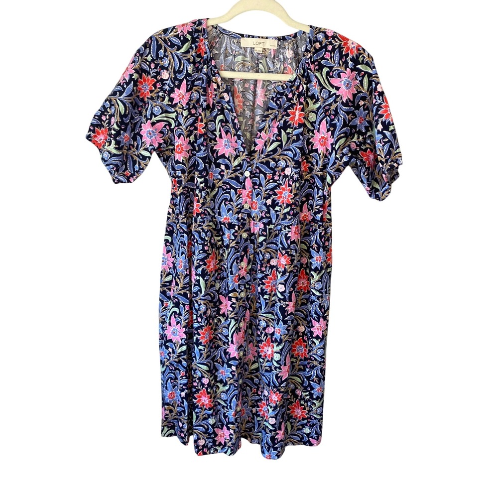 LOFT Petites Paisley Floral V-Neck Button Front Shift Dress Pockets Navy Pink MP